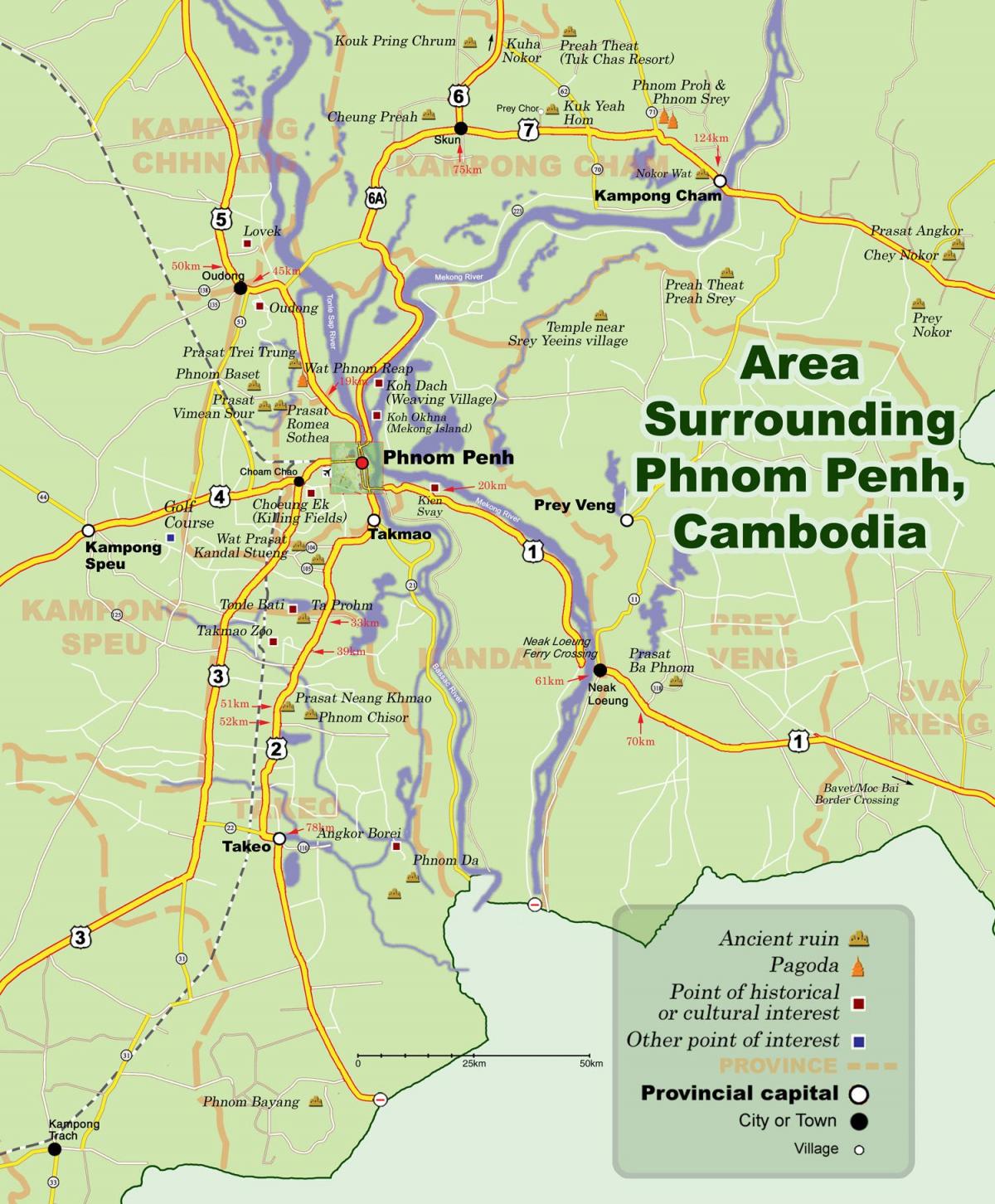 Kort om phnom penh i Cambodja